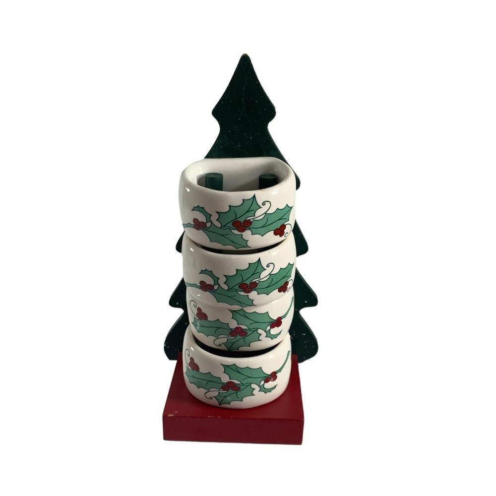 Christmas Ceramic Napkin Rings Holly Leaves Wood Tree Stand Set of 4 Holiday